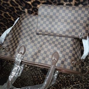 Spacious Brown Checkered Tote with Faux Leather Accents And Matching Wristlet